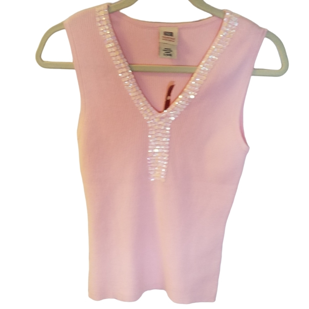 Faded Glory Women's Sequin V Neck Tank Top Ribbed Pink Size Small